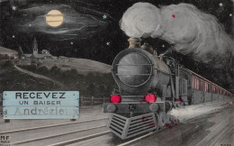 Recevez Un Baiser D'ANDREZIEUX (Loire) - Train Fantaisie La Nuit - Lune, Etoiles - Voyagé 1909 (2 Scans) Bois-d'Oingt 69 - Andrézieux-Bouthéon