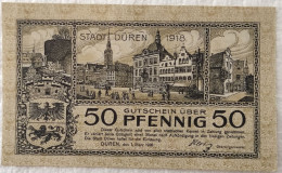 Billet Monnaie De Nécéssitée- Allemagne / Stadt Duren / 1918 / 50 Pfennig / Neuf - Monetari/ Di Necessità