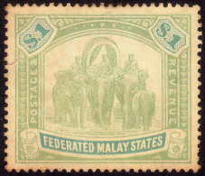 FEDERATED MALAY STATES FMS 1907 $1 Wmk.MCA Sc#34 - MH WASHED COLOUR No/Disturbed Gum @TE20 - Federated Malay States