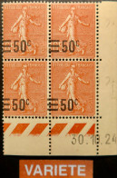 R1118(2)/446 - 1924 - TYPE SEMEUSE LIGNEE - N°224d BLOC NEUF**2t/*2t - VARIETE >>> Surcharge à Cheval - Unused Stamps