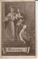 Femme Homme  Sur Le Perron Cigogne Bébé. Welcome Post 1912 Woman Man On The Porch Stork Baby.Illus. B&W 2 Scans - Naissance