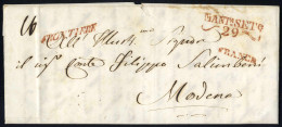 Beleg 1844, Lettera Da Mantova 29.9.1844 Affrancata Fino Al Confine Per Modena, Tassa "6" Kr. Sul Verso, Annulli In Ross - Lombardy-Venetia