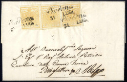 Beleg 1850, 5 Cent. Giallo Ocra, Striscia Di Tre, Su Lettera Da Piadena 31.7.1856 Per Maleo (Sass. 1) - Lombardy-Venetia