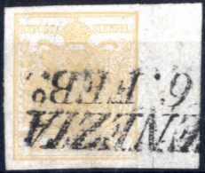 Gest. 1850, 5 Cent I° Tipo Ocra Arancio Su Carta A Mano Con Bordo Di Foglio A Destra Di 8,7-9,0 Mm, Annullato A Venezia  - Lombardy-Venetia