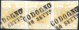 Gest. 1850, Striscia Di Tre Orizzontale Del 5 Cent I° Tipo Giallo Arancio Su Carta A Mano Con Leggero Decalco, Annullato - Lombardy-Venetia