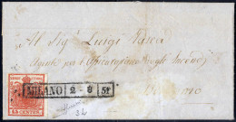 Beleg 1850, 15 Cent. "rosso Carminio Scuro", Gradazione Molto Marcata, Su Lettera Da Milano 2.8.1851 Per Bergamo, Slendi - Lombardy-Venetia