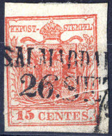 Gest. 1854, "Pieghe Di Carta", 15 Cent. Rosso Vermiglio, Usato (Sass. 4) - Lombardy-Venetia