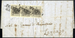 Cover 1853, Lettera Da Venezia Del 27.1 Per Legnago Affrancata Con Striscia Di Tre 10 Cent. Nero Carta A Mano, Il Primo  - Lombardy-Venetia
