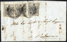 Cover 1854, Lettera Da Belluno (LOV 4 Punti) Del 12.9 Per Padova Affrancata Con Tre 10 Cent. Grigio Nero, Firmata ED, Sa - Lombardy-Venetia