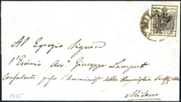 Cover 1855, Lettera Da Milano Il 28.9 Per Città Affrancata Con 10 Cent. Nero Carta A Mano, Sass. 2 / 750,- - Lombardy-Venetia