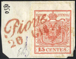 Piece 1850, 15 Cent. Con Piove In Rosso, Punti R2, Frammento Del 20.6,1850 Ventesimo Giorno D'uso Con 15 Cent. Rosso, Ca - Lombardy-Venetia