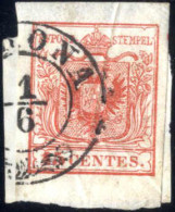 Piece 1850, Frammento Con 15 Cent. Rosso I Tipo Prima Tiratura Carta A Mano Annullato Verona 1.6 Primo Giorno D'uso, Cer - Lombardy-Venetia