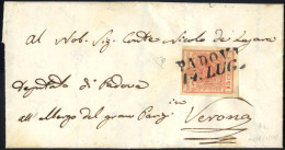 Cover 1850, Lettera Da Padova Del 14.7 Per Verona Affrancata Con 15 Cent. Rosso I Tipo Prima Tiratura Carta A Mano, Sass - Lombardy-Venetia