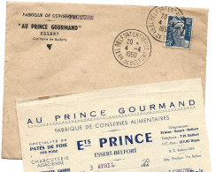 Enveloppe  "fabrique De Conserves"  ESSERT   Oblit  BELFORT ENTREPOT  1950  Sur 12f  Gandon - 1950 - ...
