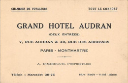 Thème  Carte De Visite.     Grand Hôtel Audran  Paris Montmartre     12x 8   (voir Scan) - Visitenkarten