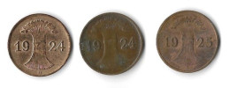 Lot De 3 Pièces De 1 Reichspfennig  - 1924 D Et J, 1925 A - 1 Rentenpfennig & 1 Reichspfennig
