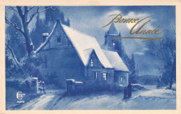 BONNE ANNEE - Village Enneigé - Illustration Non Signée - Bleu - Carte Postale Ancienne - New Year