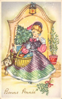 BONNE ANNEE - Fillette Avec Panier En Osier - Illustration Non Signée - Carte Postale Ancienne - Nouvel An