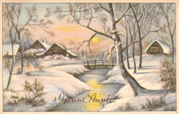 BONNE ANNEE - Village Enneigé Et Rivière - Illustration Non Signée - Carte Postale Ancienne - Nouvel An