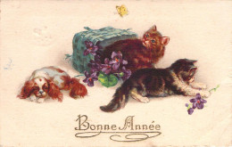 NOUVEL AN - Chats Et Chien - Panier Osier - Illustration Non Signée - Carte Postale Ancienne - Nouvel An