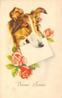 NOUVEL AN - Chien - Colley - Enveloppe Dans La Gueule - Roses - Illustration Non Signée - Carte Postale Ancienne - Nouvel An