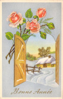 NOUVEL AN - Village Enneigé - Illustration Non Signée - Roses - Carte Postale Ancienne - Nouvel An