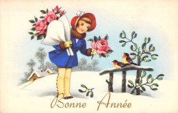 NOUVEL AN - Enfants - Illustration Non Signée - Neige - Bouquet - Oiseaux - Carte Postale Ancienne - New Year