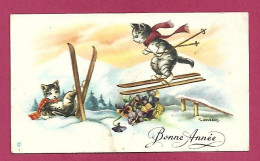 Bonne Année Chats Humanisés Skis écharpes Fleurs Pensées 2scans (illustrateur I. Gougeon) 04-01-1956 - Gougeon
