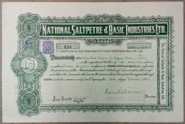 BRITISH INDIA 1943 THE NATIONAL SALTPETRE & BASIC INDUSTRIES LTD., LAHORE, CHEMICAL INDUSTRY.....SHARE CERTIFICATE - Industrie