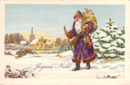 NOEL - Santa Claus - Pere Noël Dans Le Village Enneigé - Illustration Non Signée - Carte Postale Ancienne - Kerstman