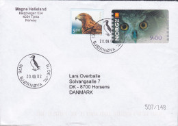 Norway Sonderstempel BJØRNØYA 2002 Cover Brief Lettre HORSENS Denmark Bird Vogel Oiseau Eagle Adler Owl Uhle ATM / Frama - Lettres & Documents