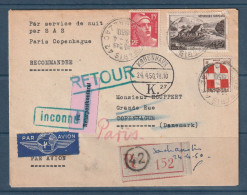 France - Service De Nuit Par SAS - Paris Copenhague - Retour à L'envoyeur En Recommandé - 1950 - Primeros Vuelos