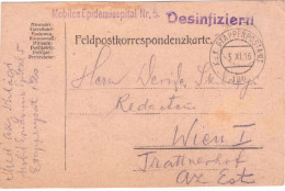 Disinfected WWI Fieldpost Postcard 1916  Blue Linear Cachet : Desinfiziert(41mm)   Mobiles Epidemiespital - Santé