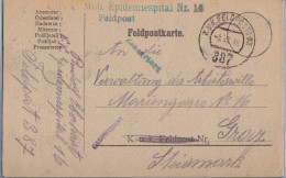 WWI Austria Fieldpost Postcard, 1918.   "DESINFIZIERT"  And "K.u.K. Mob.Epidemiespital - Santé