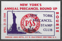 1944 NEW YORK ANNUAL PRECANCEL ROUND UP BOURSE CORNISH ARMS HOTEL VIGNETTE Reklamemarke  Erinnofili POSTER LABEL - Erinnofilia