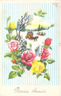 CPA - Nouvel An - Illustration Non Signée - Bouquet De Roses - Calèche - Fond Rayures Bleues - CARTE POSTALE ANCIENNE - Neujahr