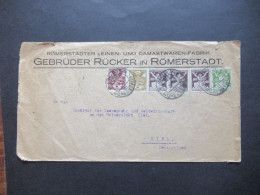 1922 CSSR / Böhmen Firmenumschlag Römerstädter Leinen Und Damastwaren Fabrik Gebrüder Rücker In Römerstadt Nach Kiel - Storia Postale