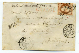 T15 SENS SUR YONNE Sur Lettre CHARGE / Valeur 300frs / Bloc De Chagt Noir Au Verso / 1859 / Dept De La Nievre - 1849-1876: Période Classique