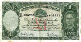 AUSTRALIA 1 POUND GREEN KGVI HEAD 2ND SIGNATURE BACK MOTIF ND(1942) F+ CV$120 DARK BACK W.1966 READ DESCRIPTION - 1938-52