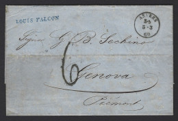 C31 - Belgium - Cover 1860 Anvers To Genova - 2 Different Cancels Ambulant Midi - Ambulanti