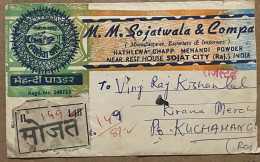 INDIA 1971, ADVERTISING COVER, MEHNDI POWDER, BRIDE HAND, ART, DESIGN, REGISTER SOJAT CITY HINDI LABEL, KUCHMAN CITY CAN - Brieven En Documenten