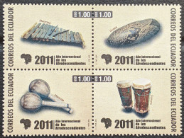 Ecuador, 2011, Mi 3338-3341, Int. Year Of African Descendants, Musical Instruments, Block Of 4, MNH - Musique