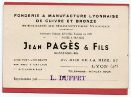 Carte De Visite 69 Rhône  LYON  Fonderie & Manufacture Lyonnaise De Cuivre Et Bronze Jean PAGES   - F1 - Cartes De Visite