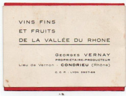 Carte De Visite 69 Rhône  CONDRIEU Lieu De VERNON Vins Et Fruits De La Vallée Du Rhône Georges VERNAY  - F1 - Cartes De Visite