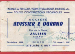 Carte De Visite 38 ISERE JALLIEU Fabrique De Pressoirs Fouloirs BEYSSIER & DURAND  - F3 Bourgoin - Cartes De Visite