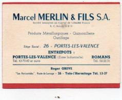 Carte De Visite 26 DROME PORTES LES VALENCE ROMANS  Produits Métallurgiques Marcel MERLIN  - F3 - Cartes De Visite