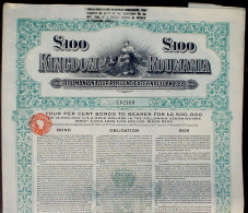 Romania, Gold Loan 4% Bonds  To Bearer 100 £ Uncancelled + Coupons - Chemin De Fer & Tramway