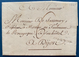 Lettre De 1767 De Voulaines Marque à Sec " CHA.S.SEINE " De CHATILLON SUR SEINE Pour Dijon SUPERBE & RRR - ....-1700: Precursors