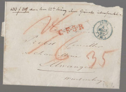 1853 Lettre INTERNATIONAL PARIS-ELWANGEN/BADEN+CF.3R Rouge+3 Tax-Vert PARIS-D67 - Unclassified