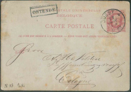 E.P. Carte 10 Centimes Carmin Sur Vert Pâle, Obl. Sc ambulant OUEST 4 du 23 Janvier 1883 + Griffe OSTENDE vers Cologne. - Cartes Postales 1871-1909